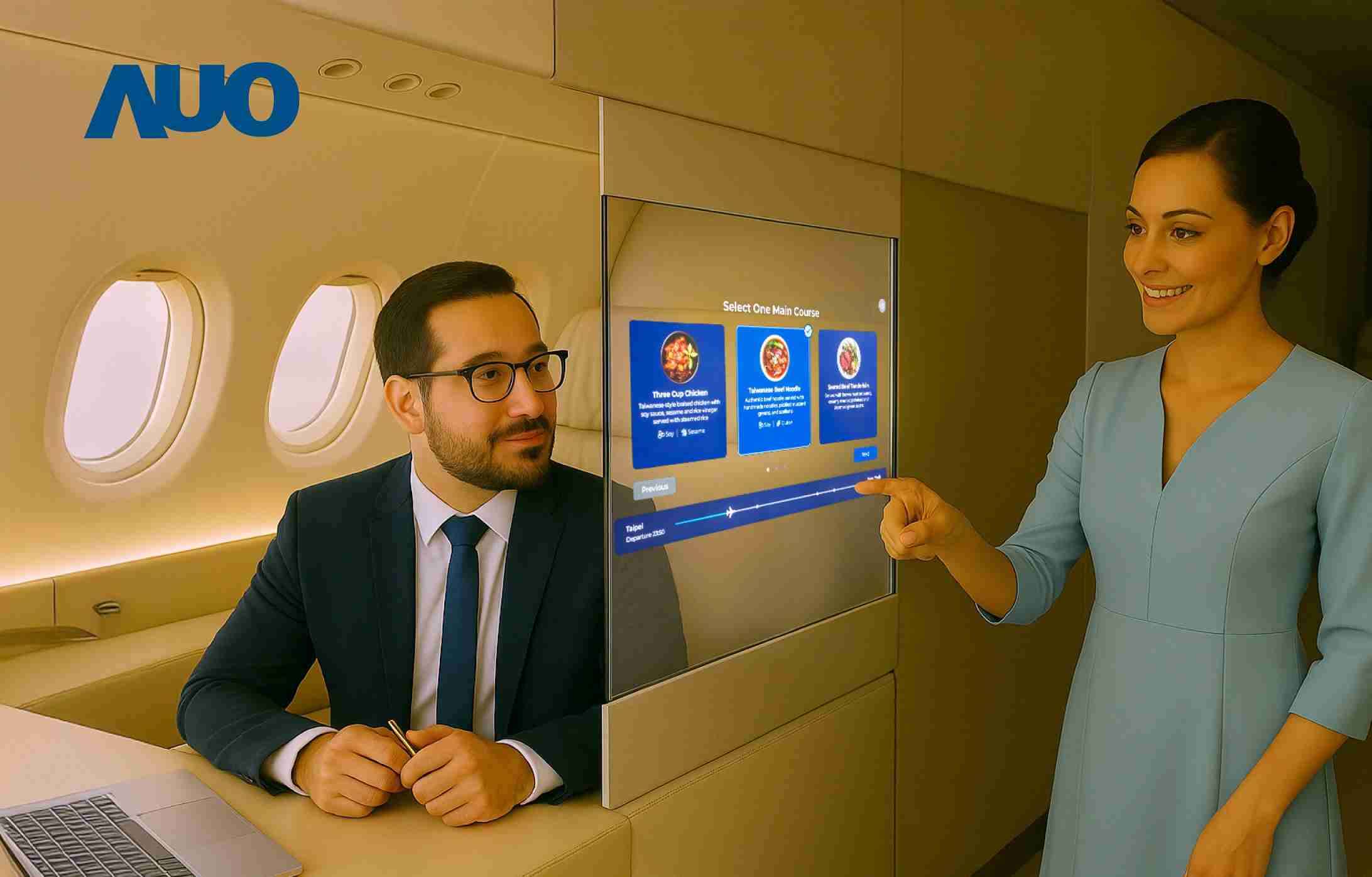 EBpay研发全球最薄17.3 吋双面透明 Micro LED 显示器，，可在同一屏幕之双边投射不同信息，，，，创造独特的”透明化”互动；图为实时翻译交流应用情境